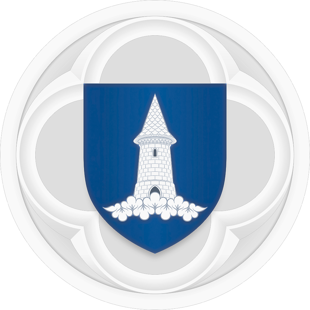 De azul, uma torre coberta assente em uma nuvem de prata.